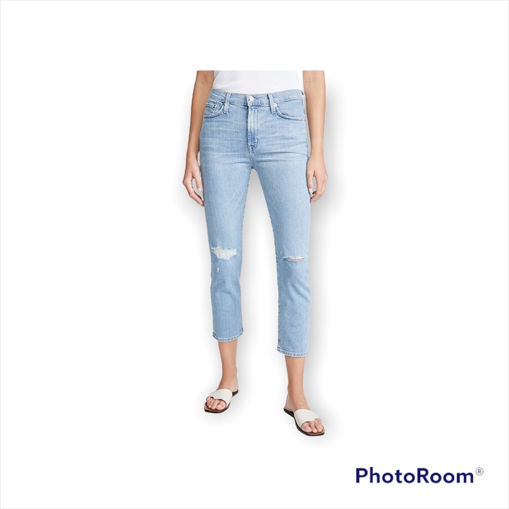 EDWIN Elin Straight Fit Crop Jeans Halo (Light) Wash Busted Knees EUC Sz 28